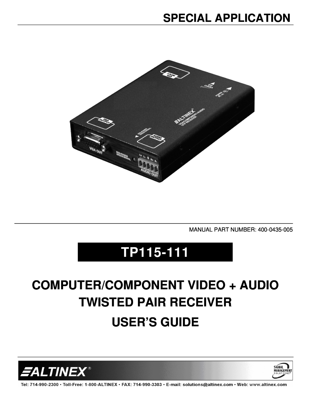 Altinex TP115-111 manual Special Application, Computer/Component Video + Audio, Twisted Pair Receiver User’S Guide 
