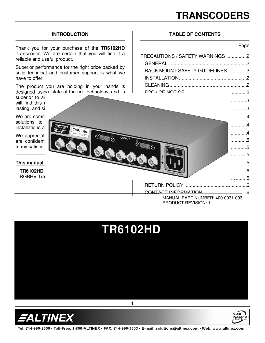 Altinex TR6102HD manual Introduction, Table of Contents 