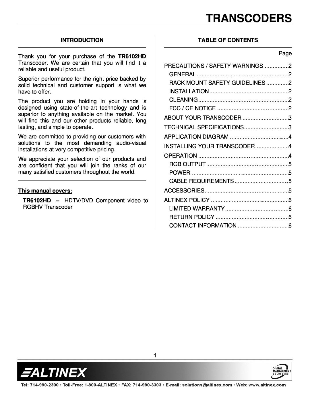 Altinex TR6102HD Introduction, This manual covers, Table Of Contents, Transcoders 