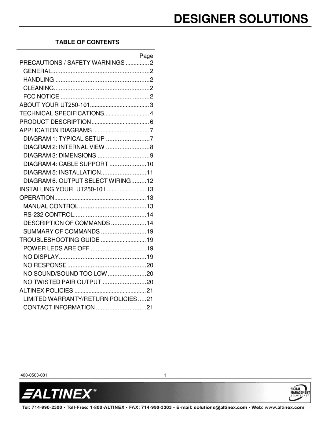 Altinex UT250-101 manual Table of Contents 