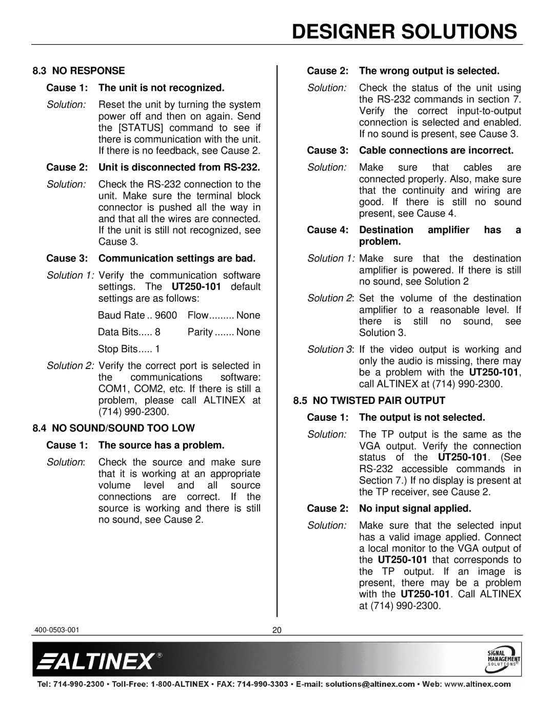 Altinex UT250-101 manual No Response, No Twisted Pair Output 