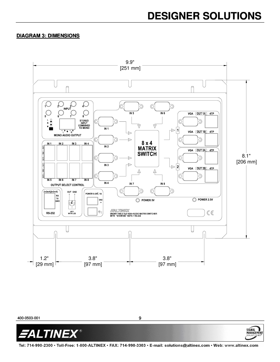 Altinex UT250-101 manual DIAGRAM 3 DIMENSIONS, Designer Solutions, 400-0503-001 