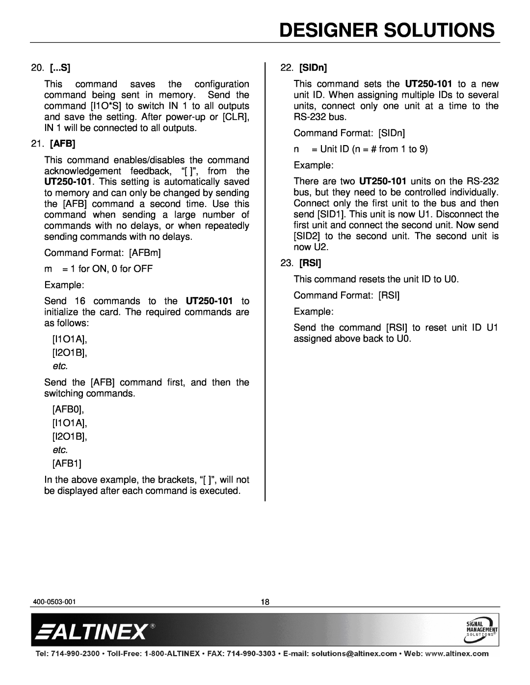 Altinex UT250-101 manual 20. ...S, Afb, SIDn, Rsi, Designer Solutions 