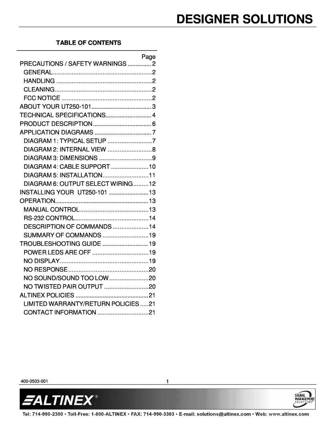Altinex UT250-101 manual Table Of Contents, Designer Solutions, Page 