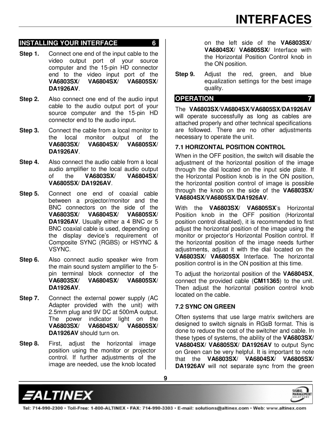 Altinex VA6804SX, VA6805SX, VA6803SX manual Installing Your Interface, Operation, Horizontal Position Control, Sync on Green 