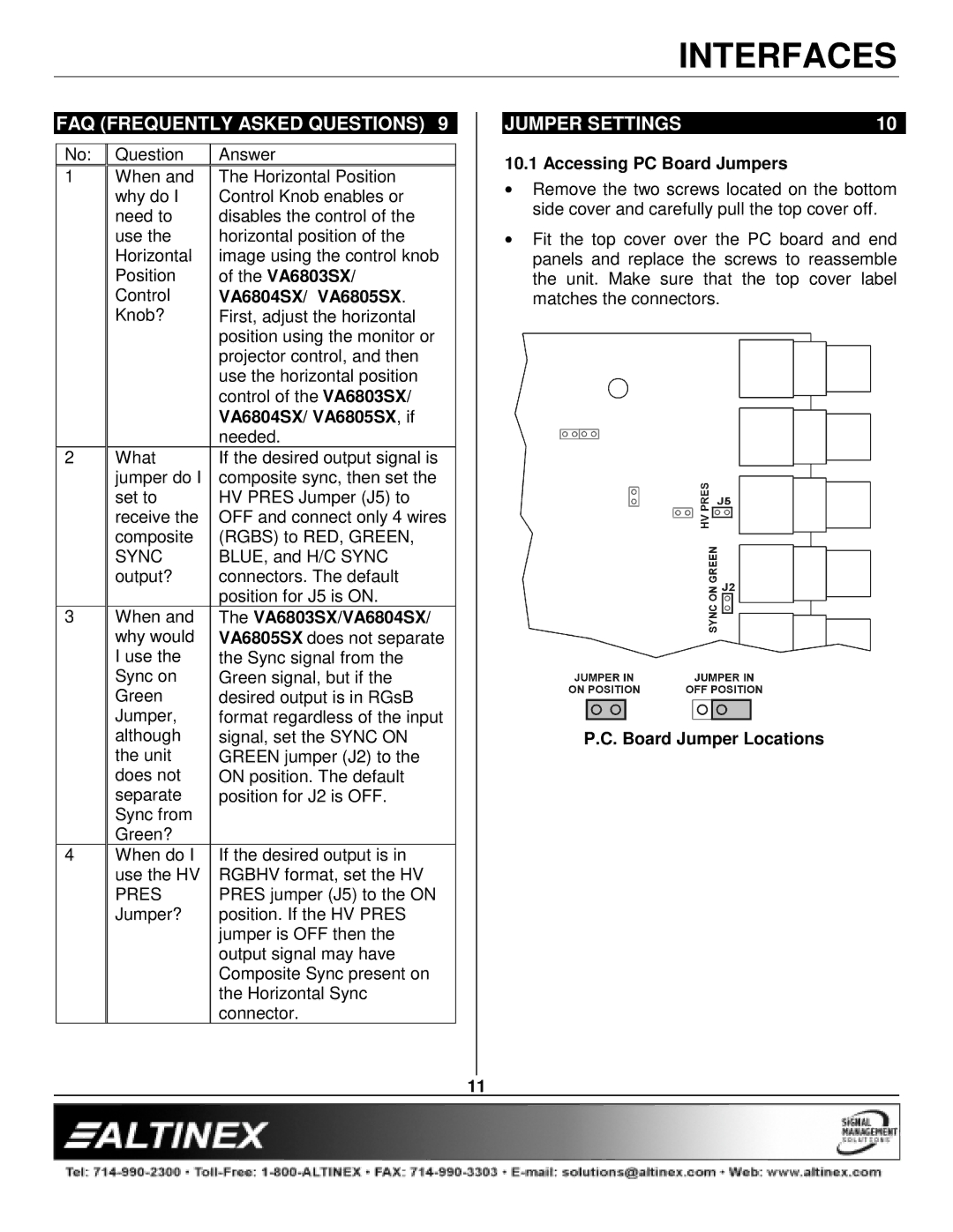 Altinex VA6805SX, VA6803SX, VA6804SX, DA1926AV manual FAQ Frequently Asked Questions, Jumper Settings 