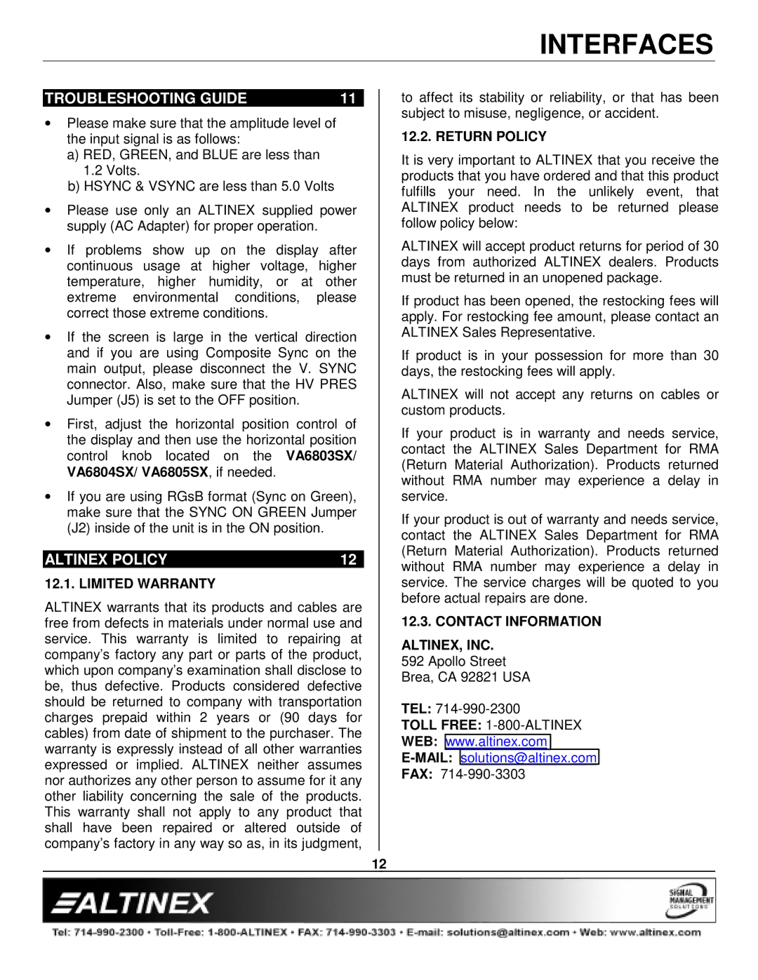 Altinex VA6803SX Troubleshooting Guide, Altinex Policy, Limited Warranty, Return Policy, Contact Information ALTINEX, INC 