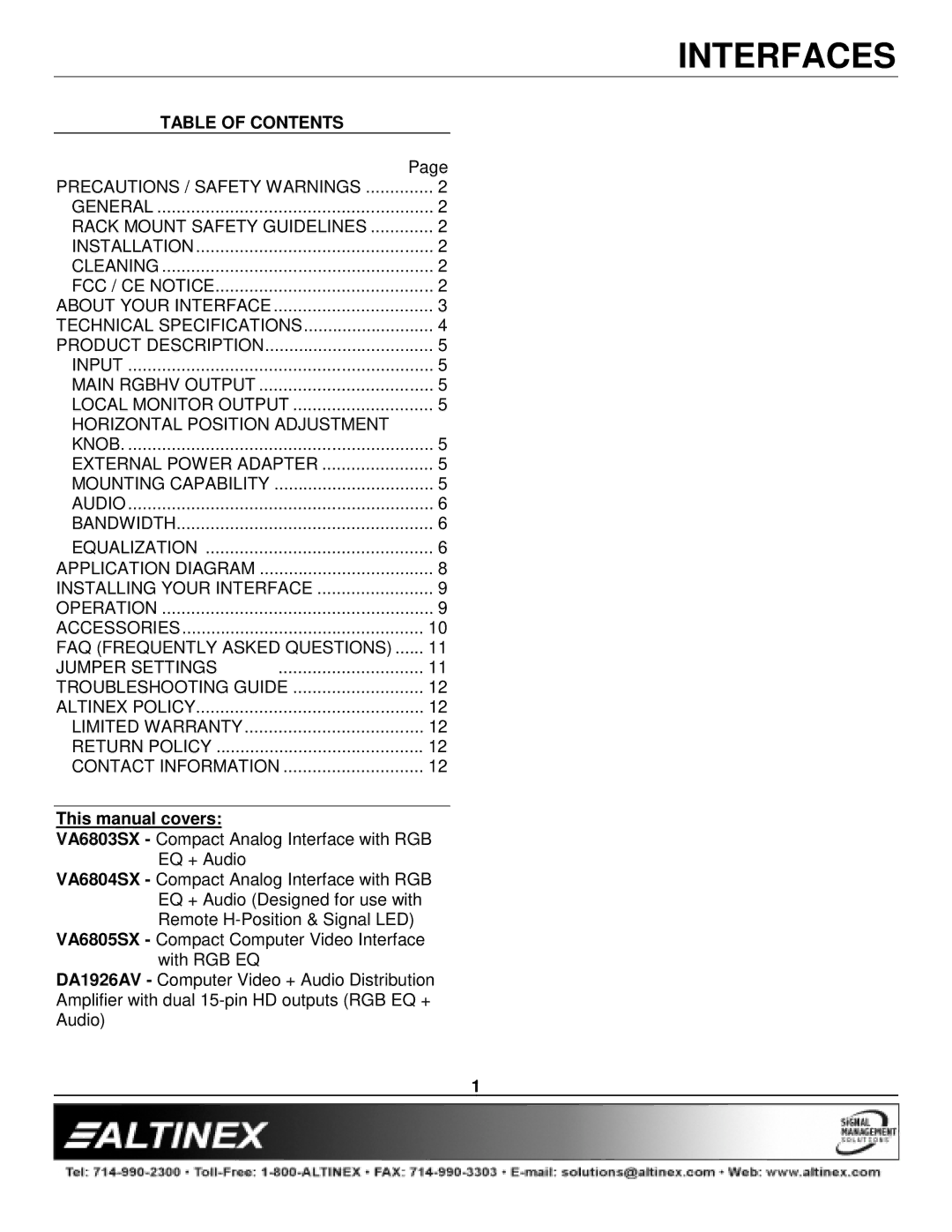 Altinex VA6804SX, VA6805SX, VA6803SX, DA1926AV manual Table of Contents 