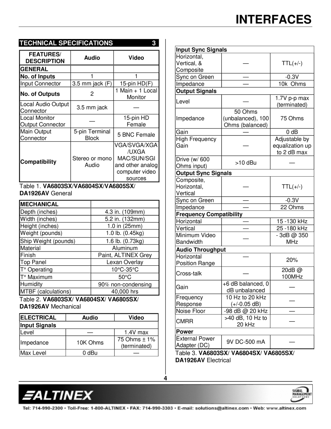 Altinex manual Technical Specifications, VA6803SX/VA6804SX/VA6805SX, DA1926AV General, VA6803SX/ VA6804SX/ VA6805SX 