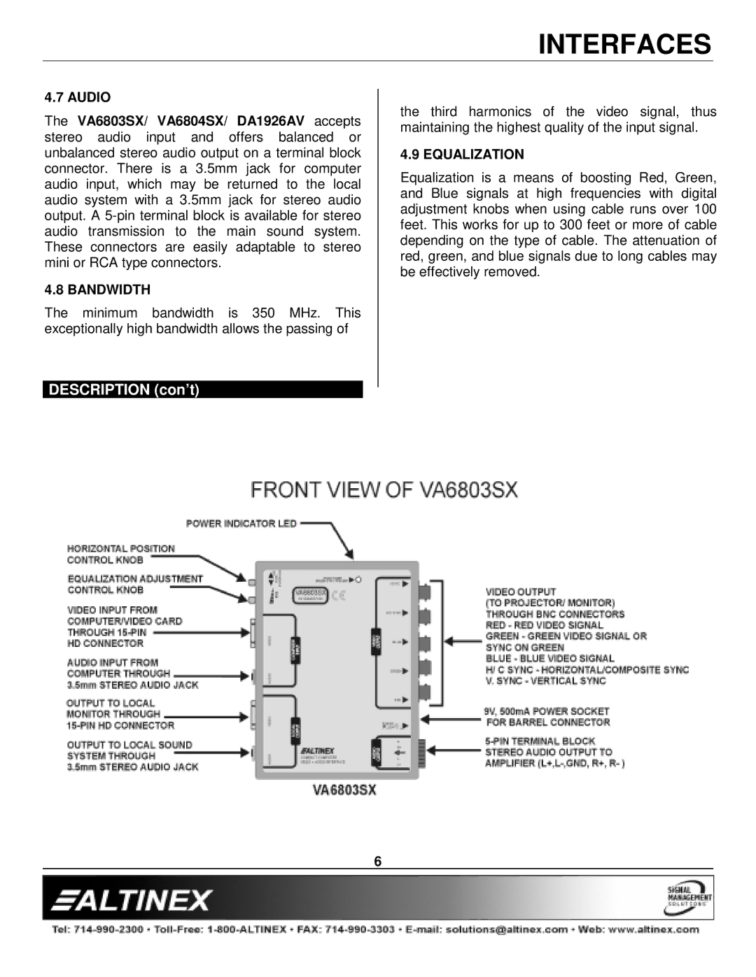 Altinex DA1926AV, VA6805SX, VA6803SX, VA6804SX manual Audio, Bandwidth, Equalization 