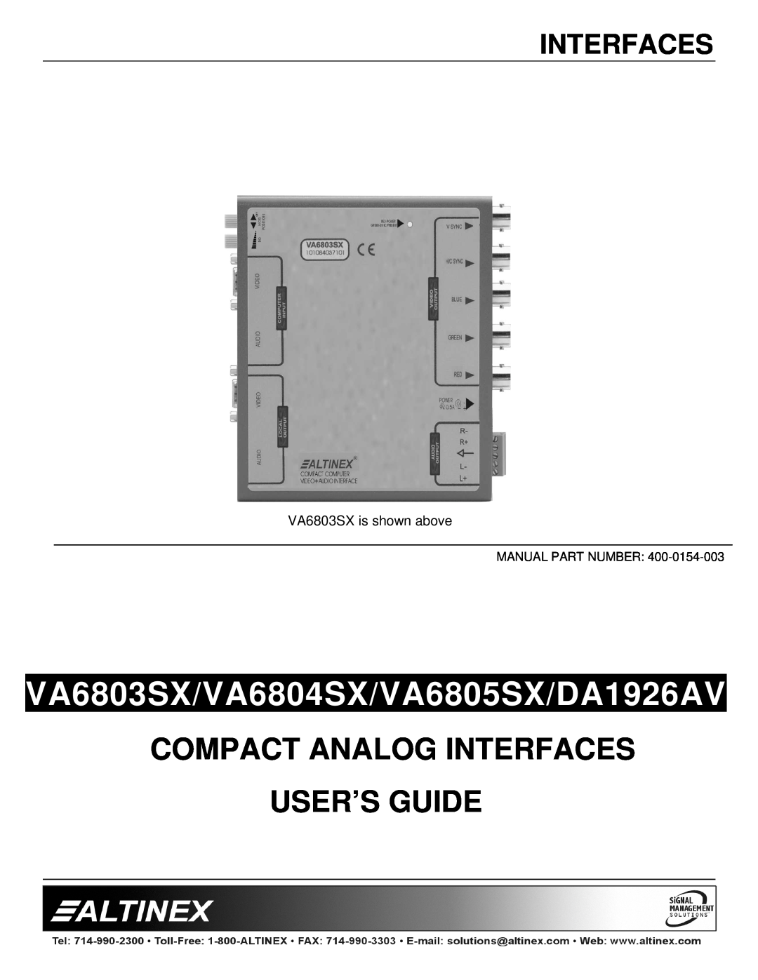 Altinex manual VA6803SX/VA6804SX/VA6805SX/DA1926AV, Compact Analog Interfaces User’S Guide 