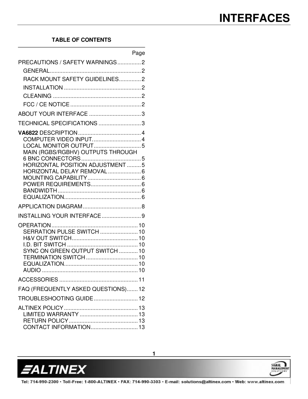 Altinex VA6822 manual Table of Contents 