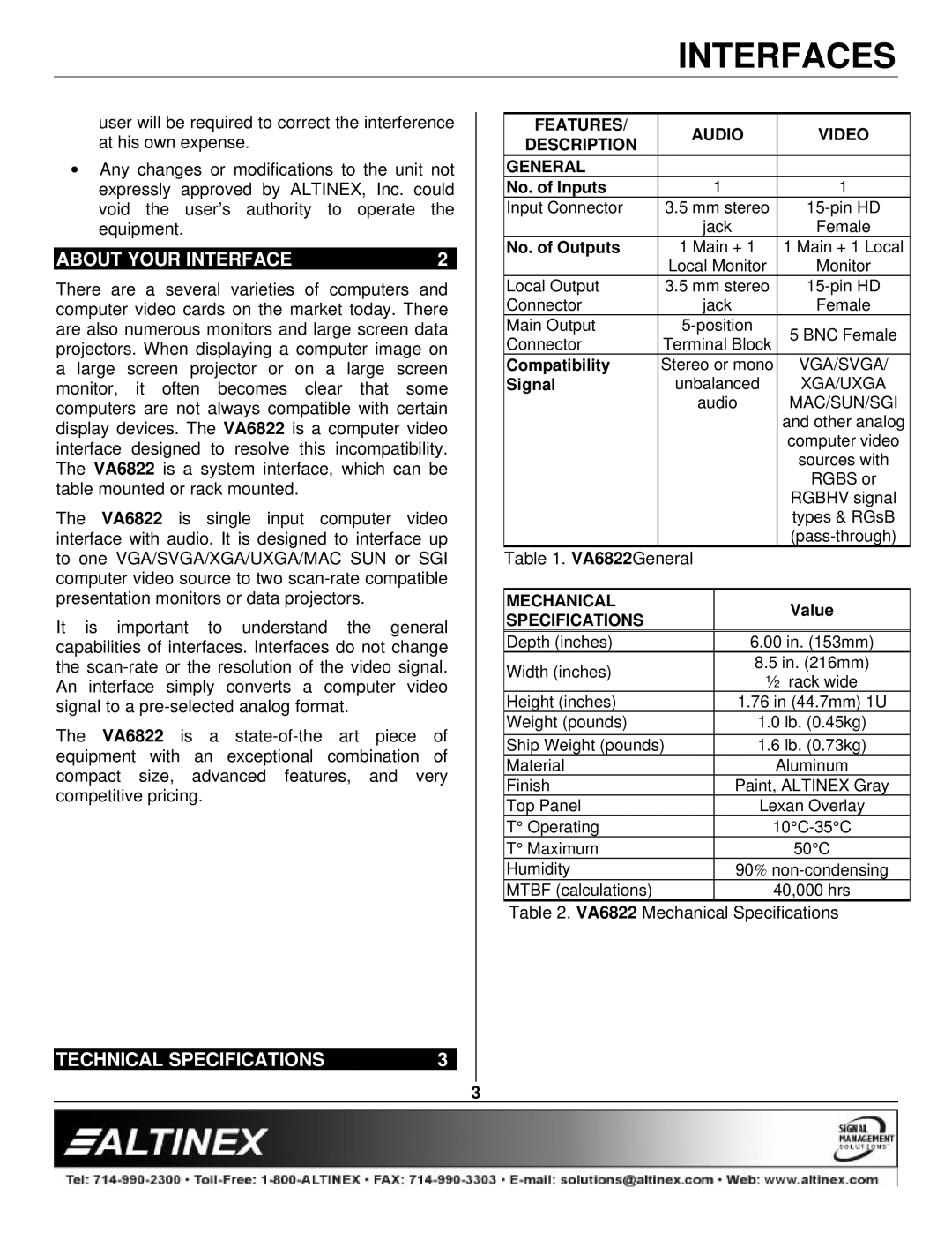 Altinex VA6822 manual About Your Interface, Technical Specifications 