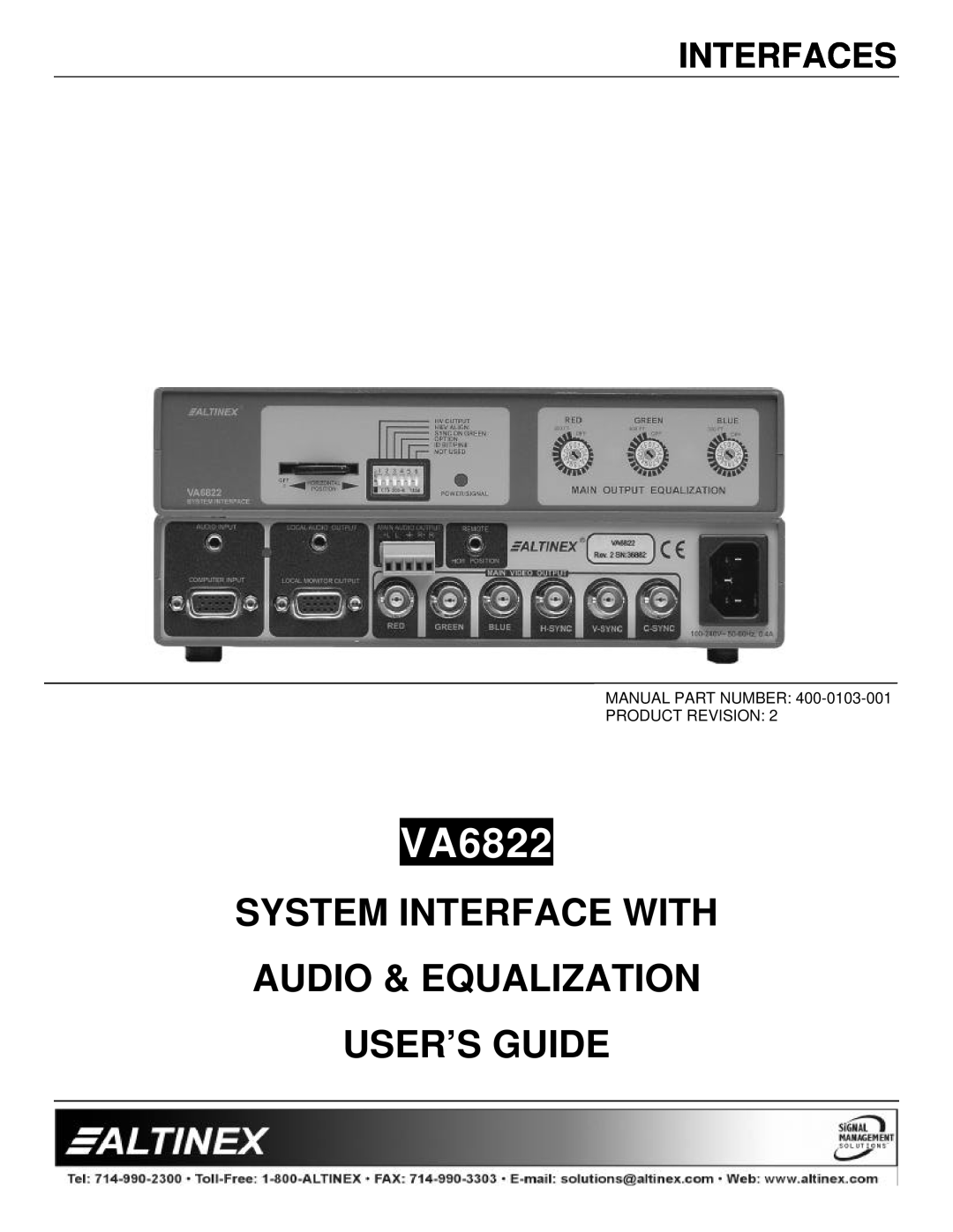 Altinex VA6822 manual Interfaces, System Interface With Audio & Equalization, User’S Guide 