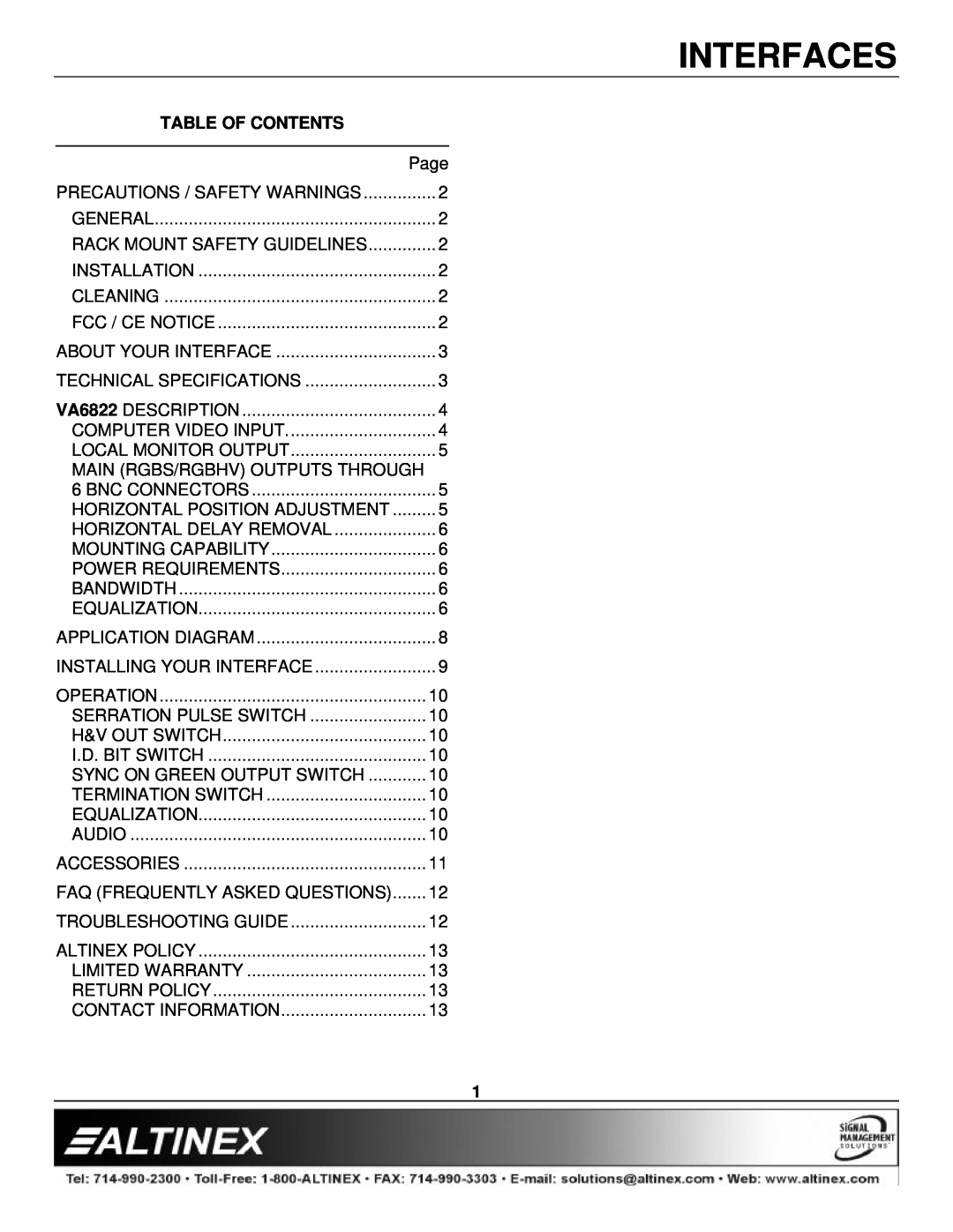 Altinex VA6822 manual Interfaces, Table Of Contents 