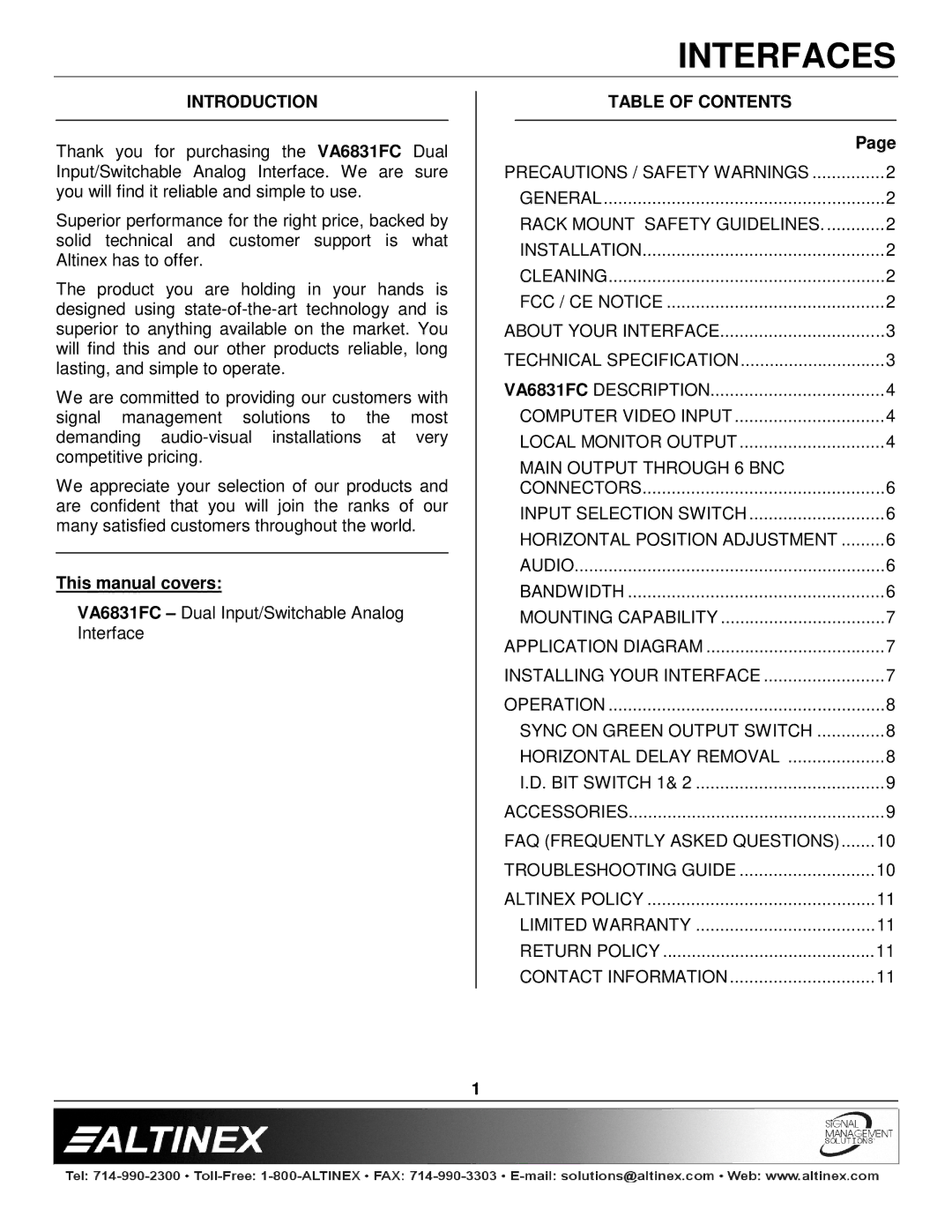 Altinex VA6831FC manual Introduction, Table of Contents 