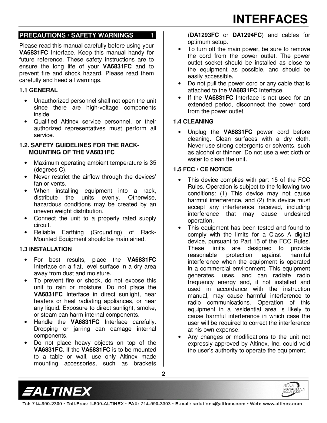 Altinex VA6831FC manual Precautions / Safety Warnings 