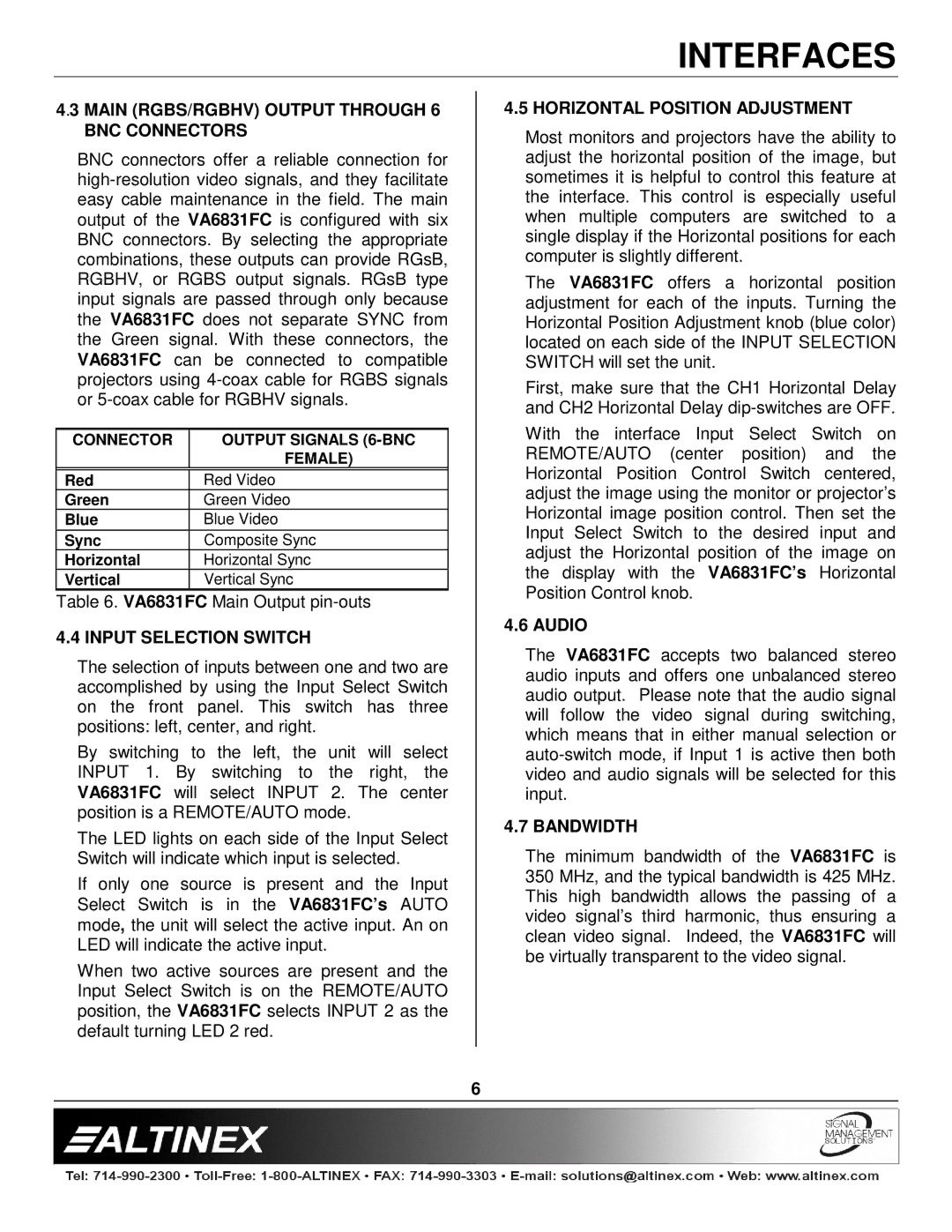 Altinex VA6831FC Main RGBS/RGBHV Output Through 6 BNC Connectors, Input Selection Switch, Horizontal Position Adjustment 