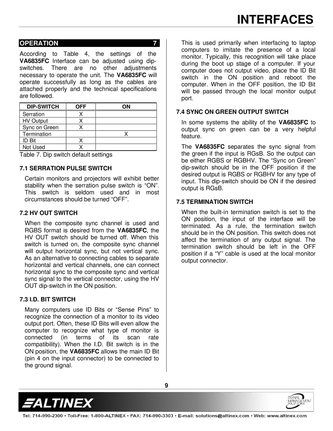 Altinex VA6835FC manual Operation 