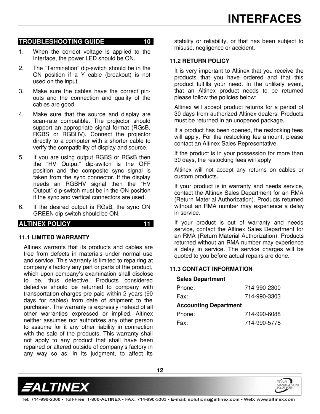 Altinex VA6835FC manual Troubleshooting Guide, Altinex Policy, Limited Warranty, Return Policy, Contact Information 