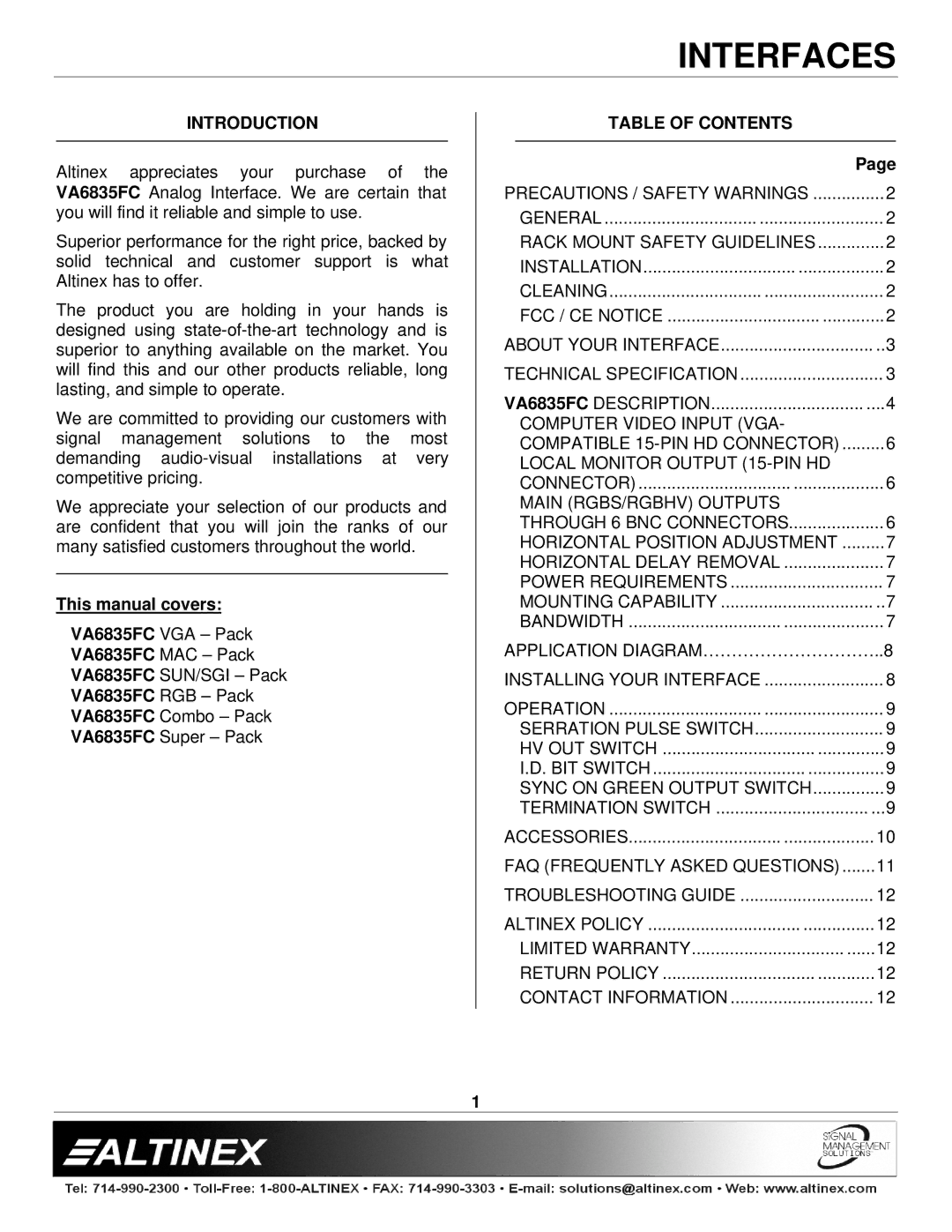 Altinex VA6835FC manual Introduction, Table of Contents 