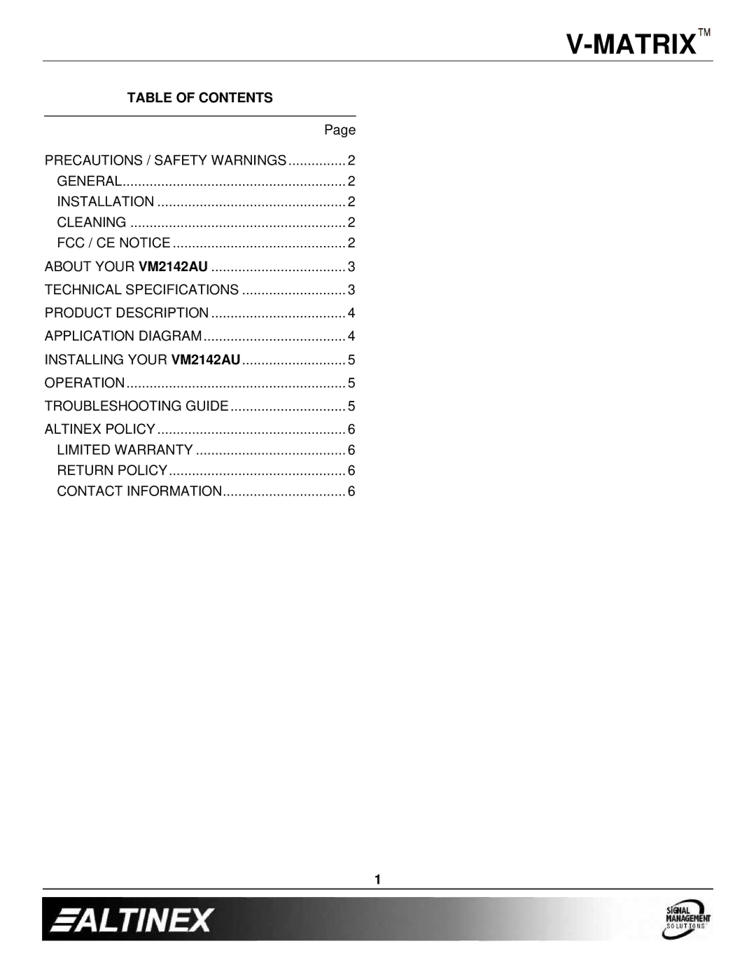 Altinex VM2142AU manual Table of Contents 