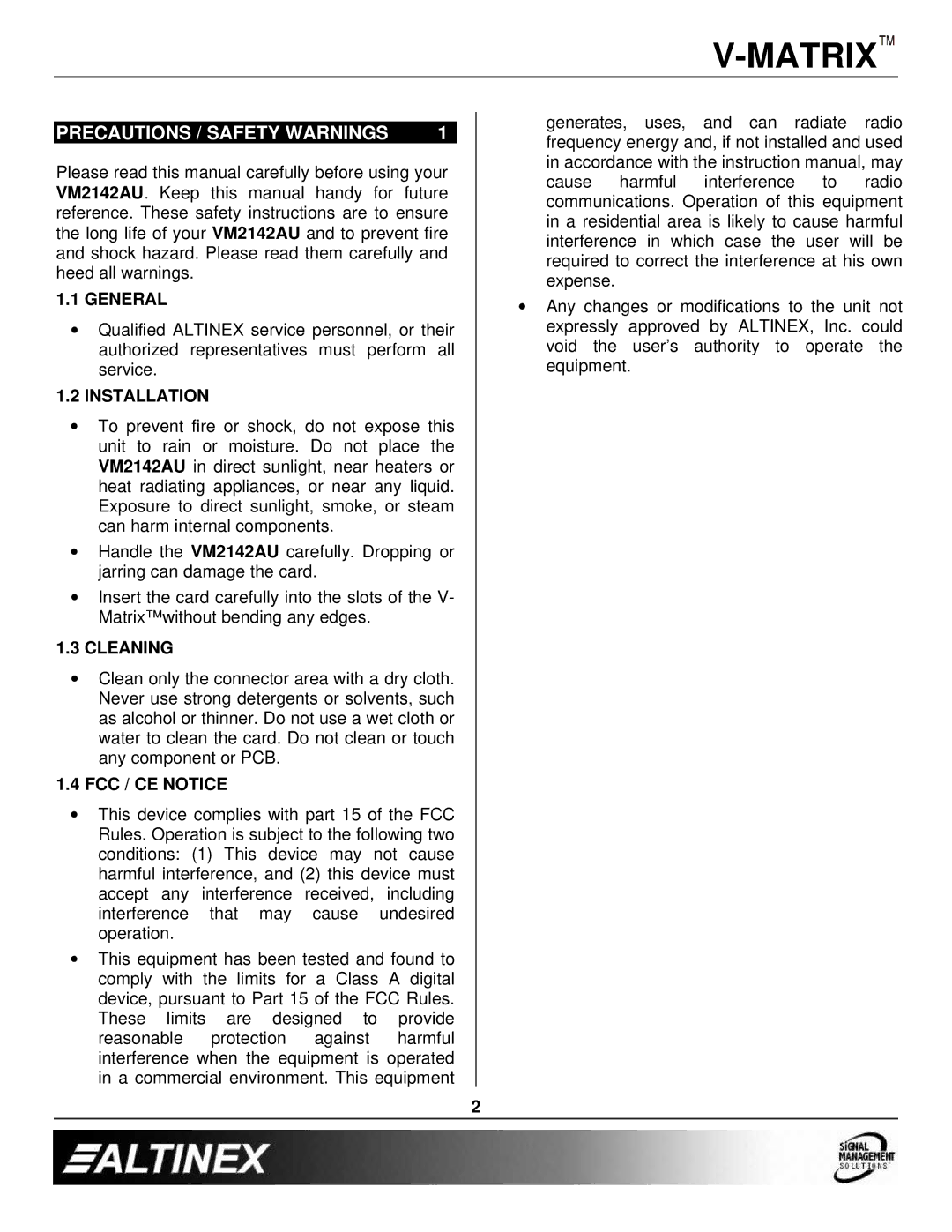 Altinex VM2142AU manual Precautions / Safety Warnings, General, Installation, Cleaning, FCC / CE Notice 