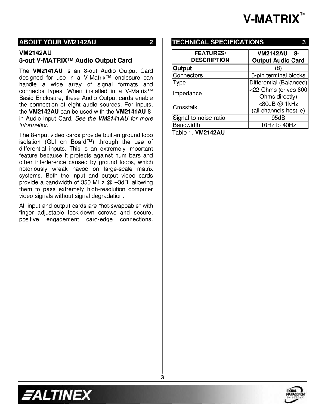 Altinex manual About Your VM2142AU, Technical Specifications 