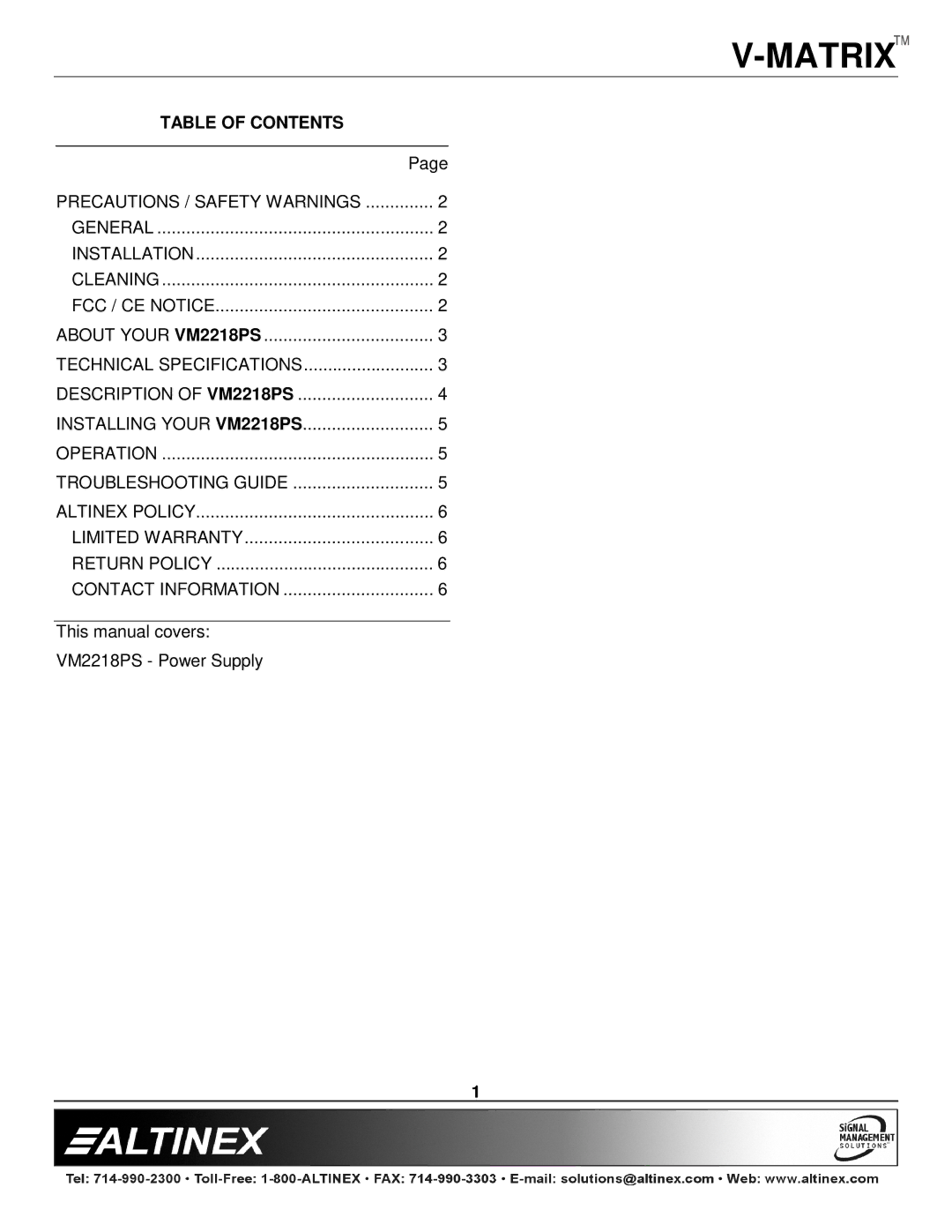 Altinex VM2218PS manual Table of Contents 