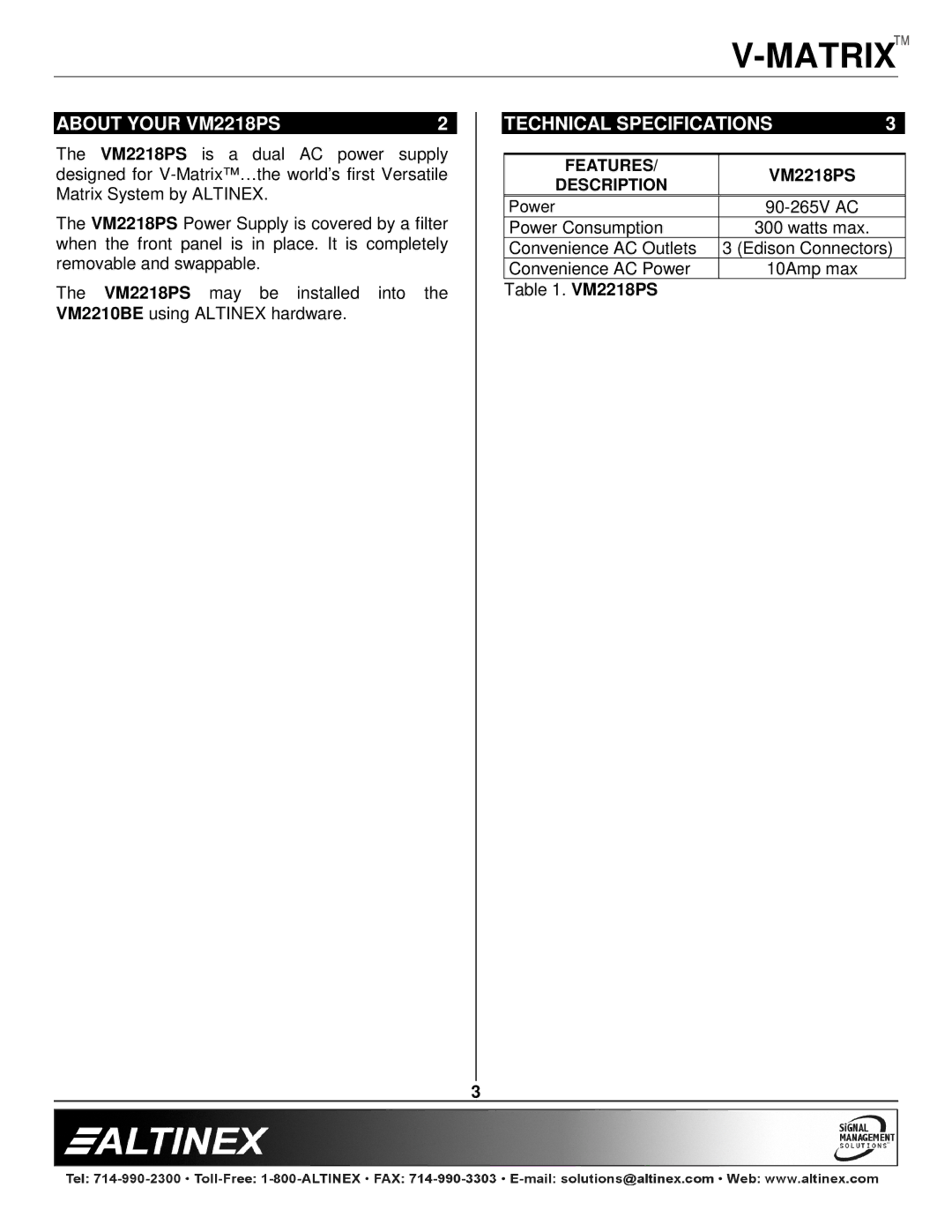 Altinex manual About Your VM2218PS, Technical Specifications 