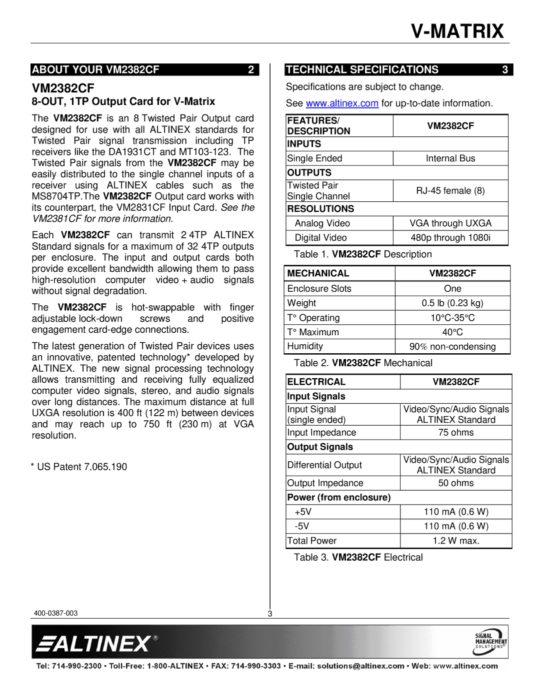 Altinex 400-0387-003 manual About Your VM2382CF, Technical Specifications, VM2382CF Description 