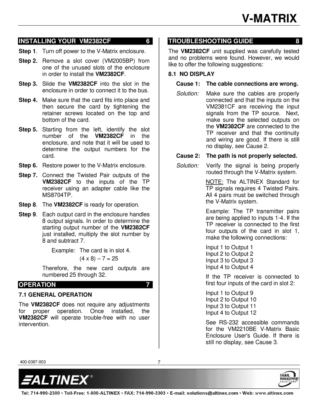 Altinex 400-0387-003 manual Installing Your VM2382CF, Troubleshooting Guide, General Operation, No Display 
