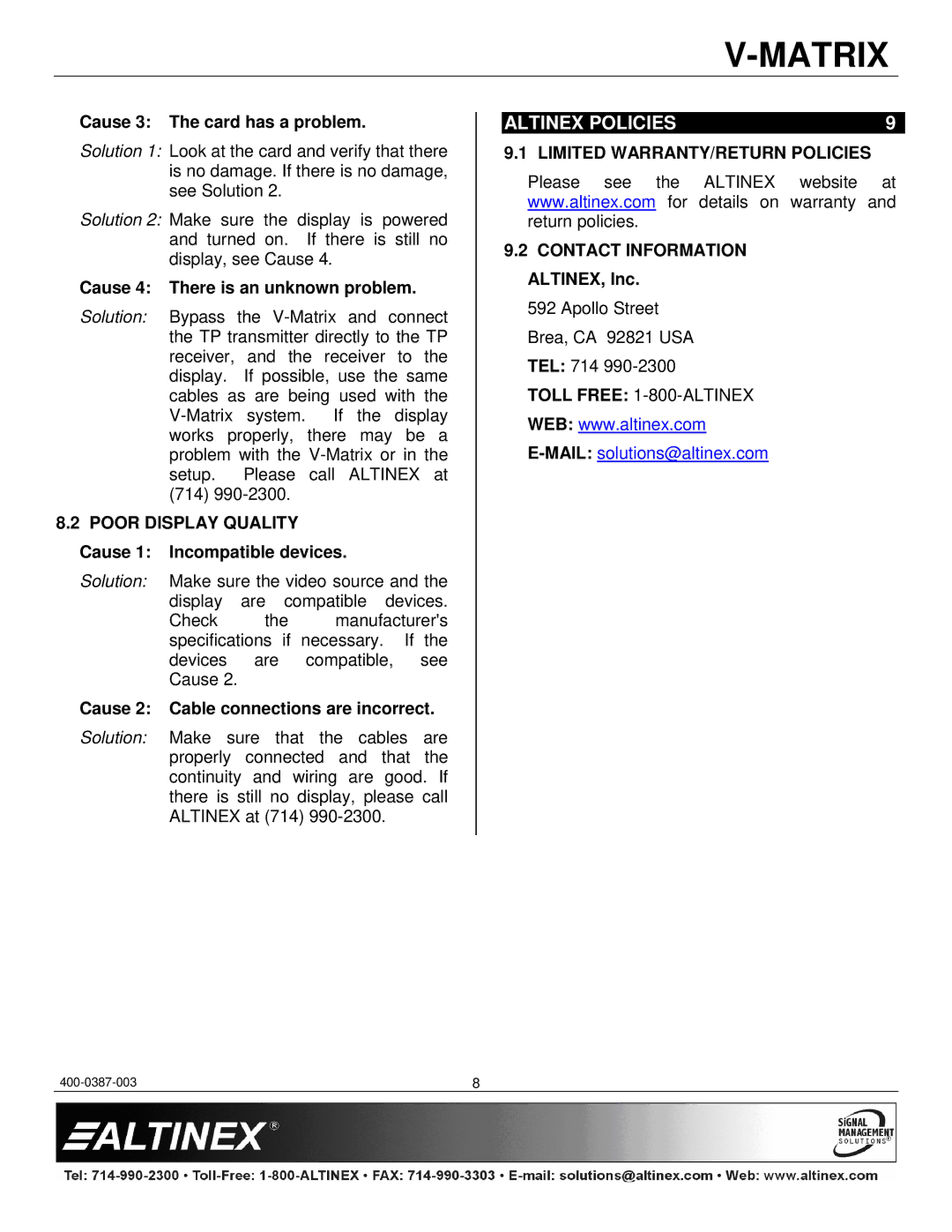 Altinex 400-0387-003, VM2382CF manual Altinex Policies, Limited WARRANTY/RETURN Policies 