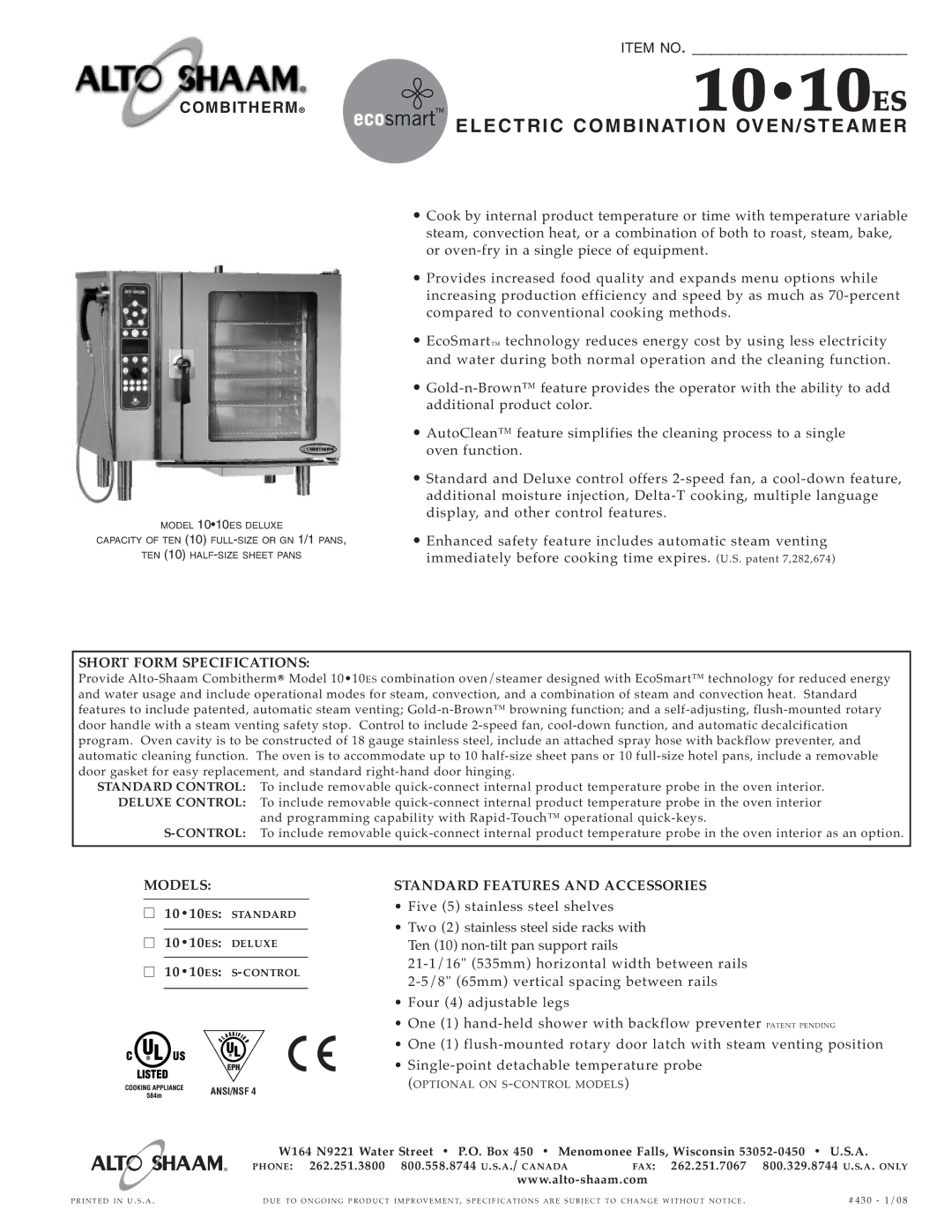 Alto-Shaam 10 10ES specifications Elect RIC Combina Tion OVEN/S Teame R, Short Form Spec Ifications, Models 