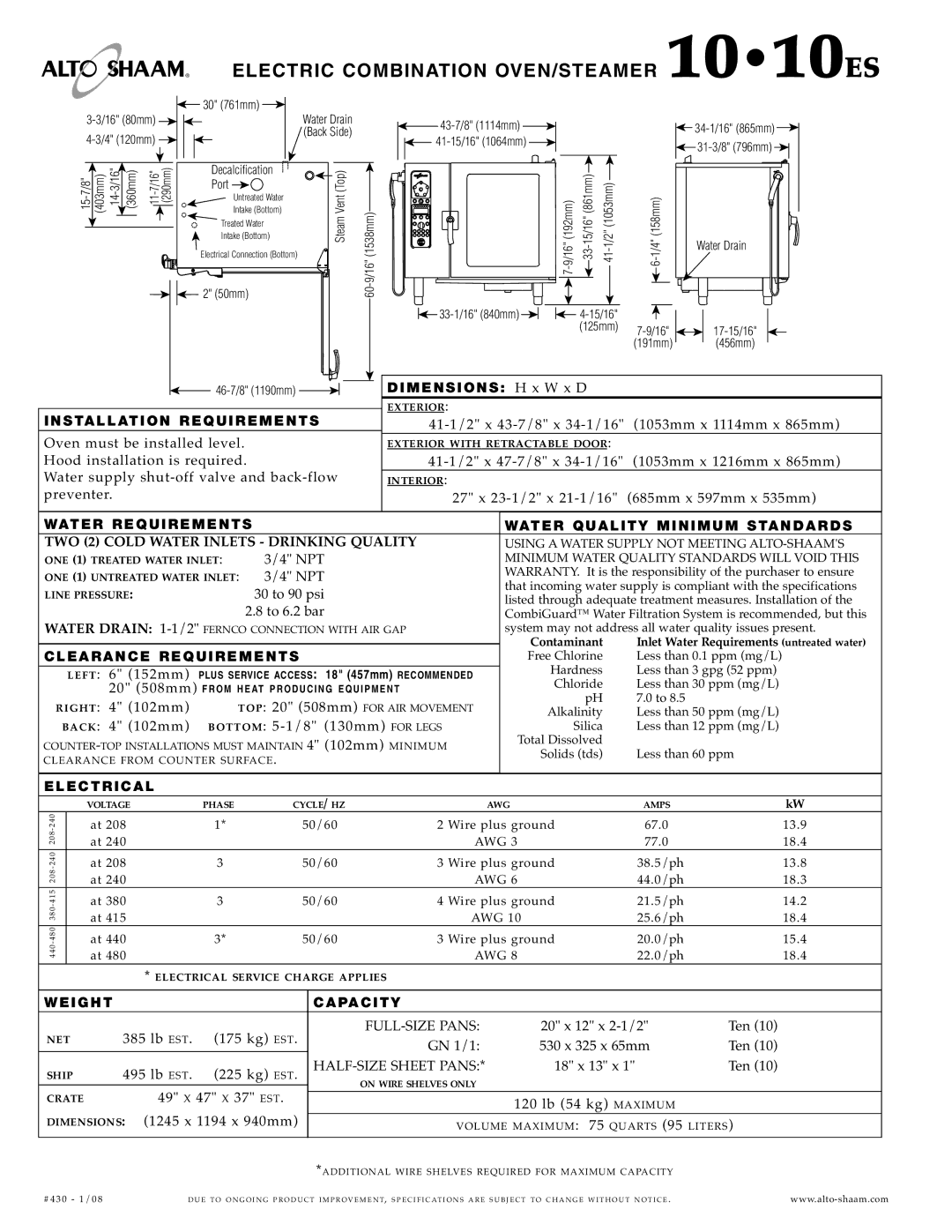 Alto-Shaam 10 10ES specifications Elec Tric Combin Atio N OVEN/ STE AME R 1010ES 