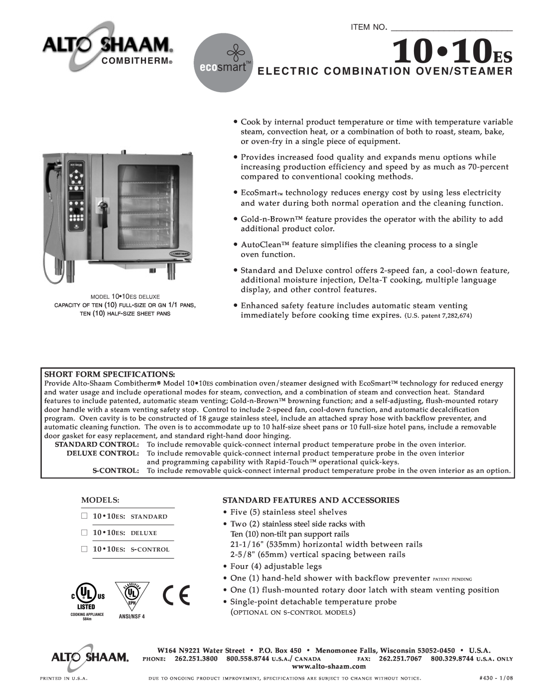 Alto-Shaam 10 10ES specifications 1010ES, Elect Ric Combina Tion, Oven/S Teame R, Item No, Combitherm 