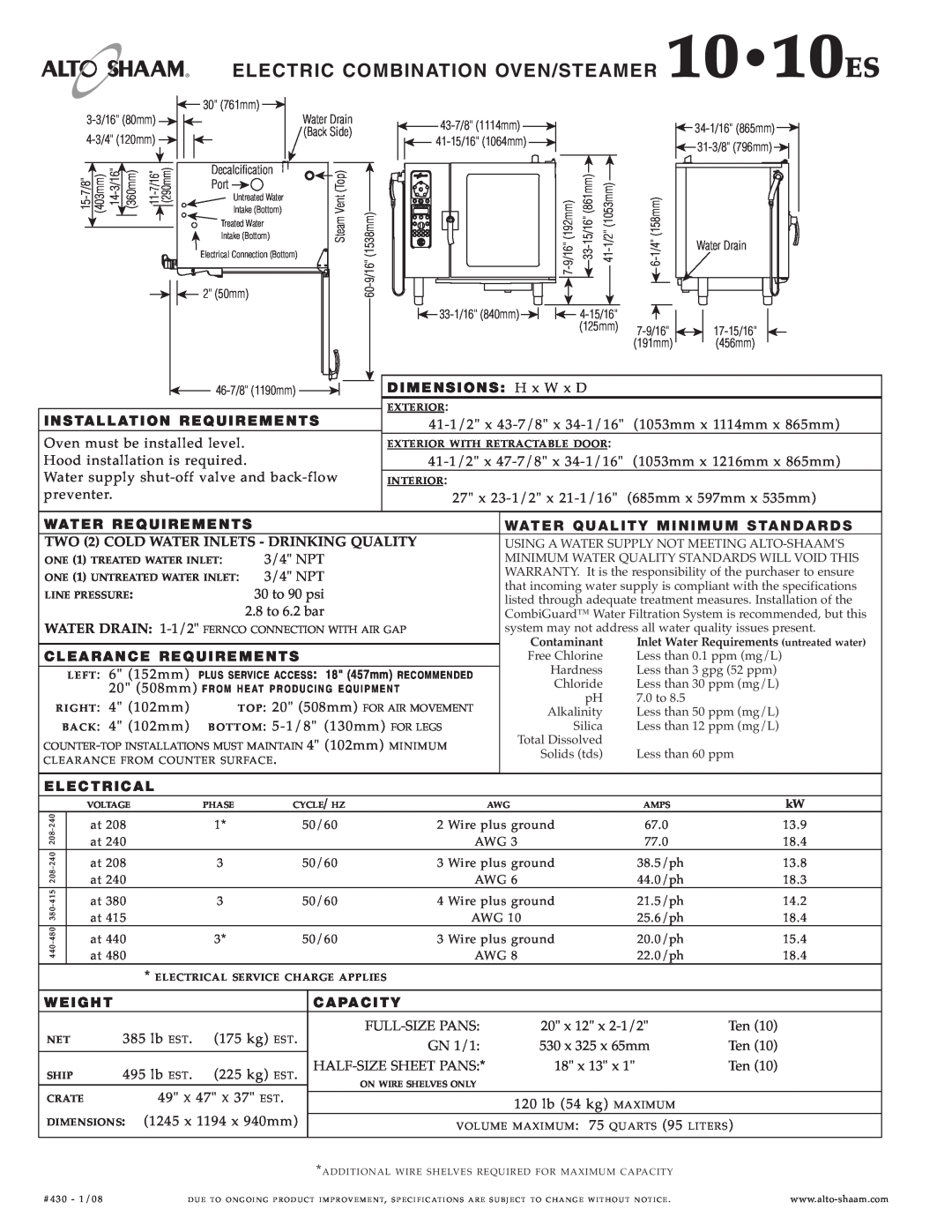 Alto-Shaam 10 10ES specifications ELEC TRIC COMBIN ATIO N OVEN/ STE AME R 1010ES 