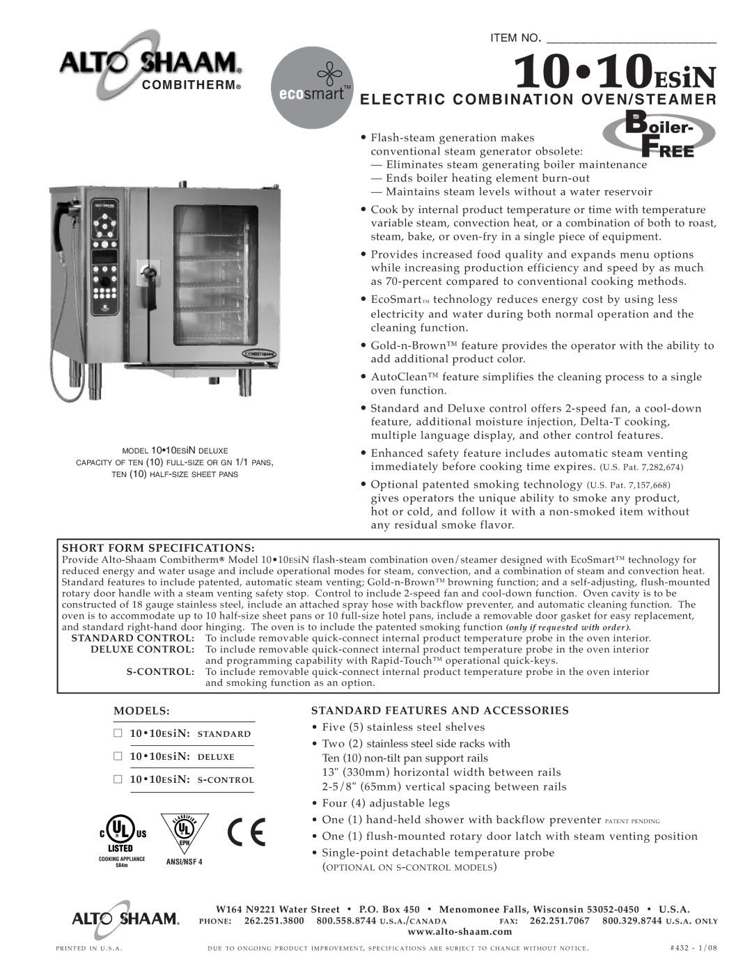 Alto-Shaam 10-10ESiN specifications Elect RIC Combina Tion OVEN/S Teame R, Short F ORM Specifications, Models 