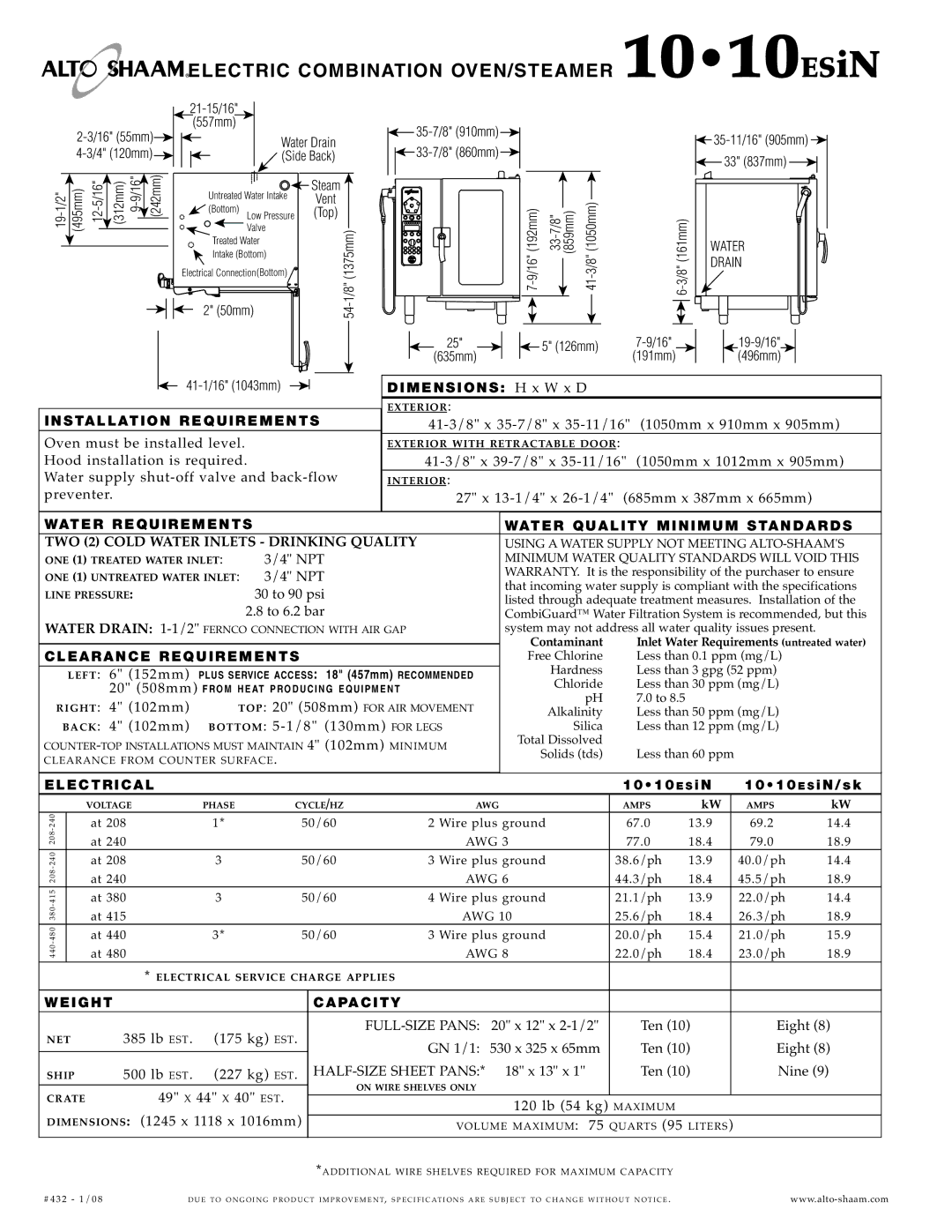 Alto-Shaam 10-10ESiN INS Tall AT ION RE Quirements, TWO 2 Cold Water Inlets Drinking Quality, Water Requirements 