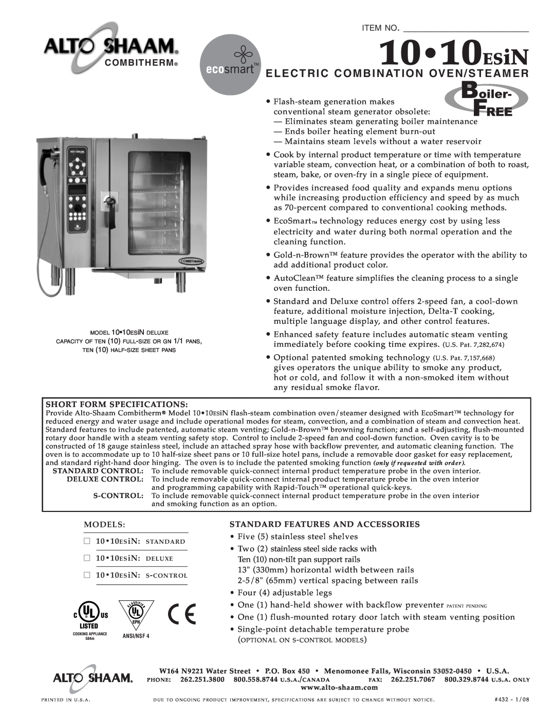 Alto-Shaam 10-10ESiN specifications 1010ESiN, Elect Ric Combina Tion, Oven/S Teame R, Item No, Combitherm 