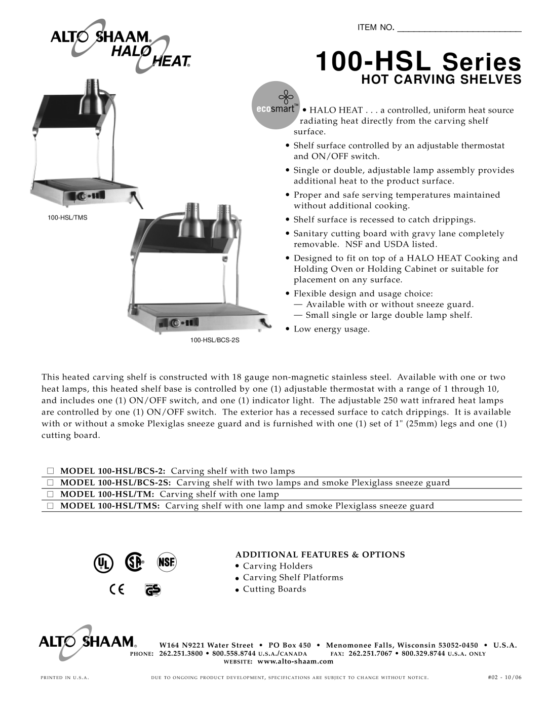 Alto-Shaam 100-HSL Series specifications 