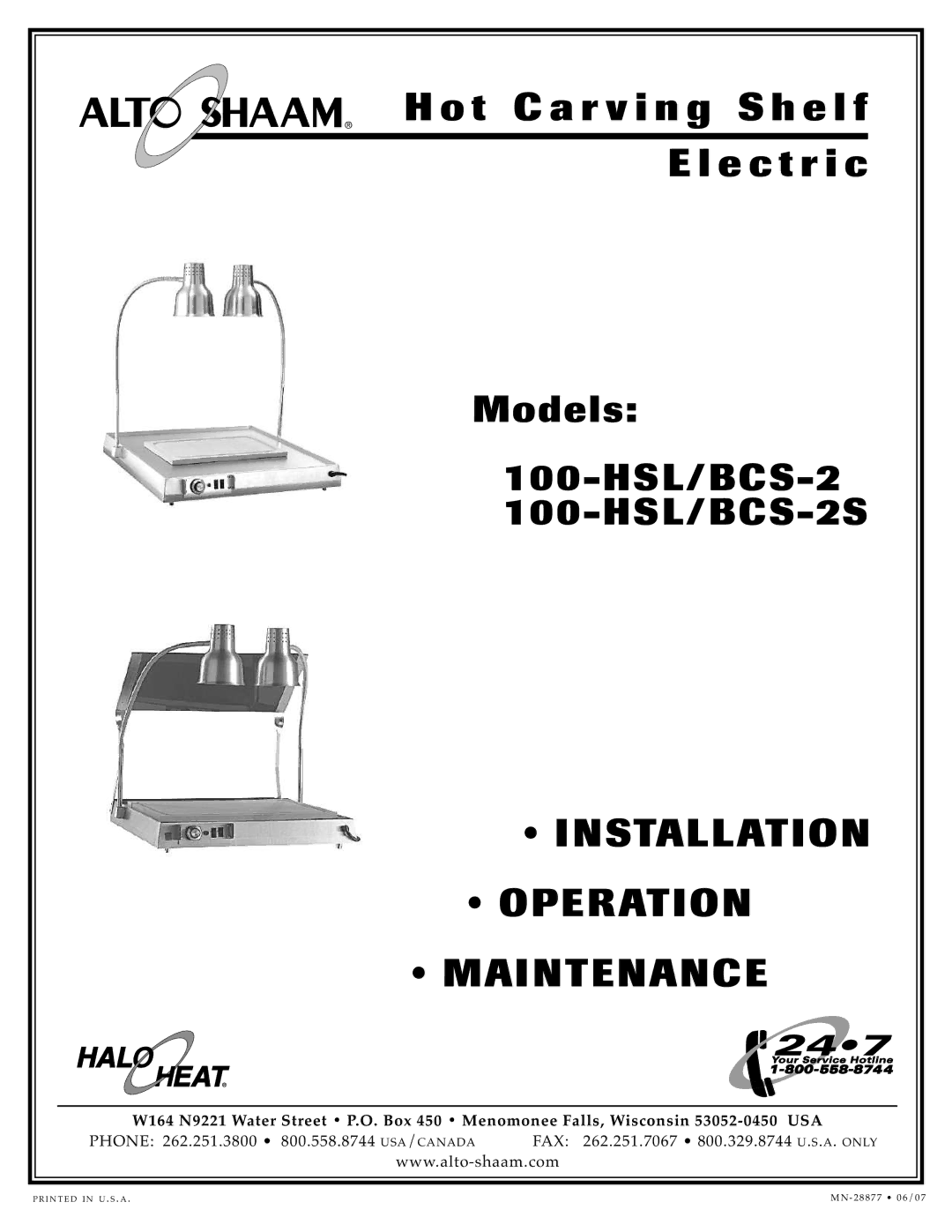 Alto-Shaam 100-HSL/BCS-2S manual INS Tallation Operation Main Tenanc E 