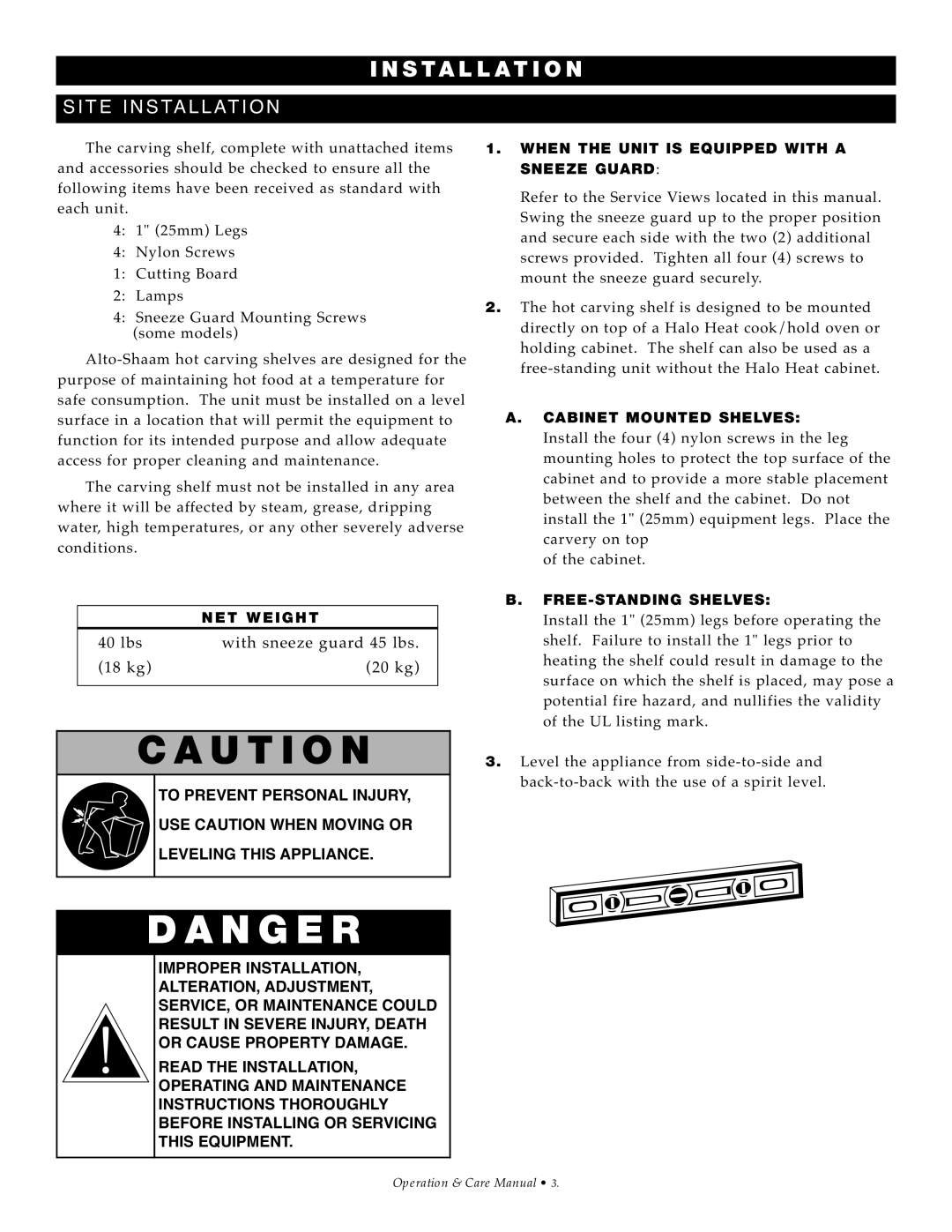 Alto-Shaam 100-HSL/BCS-2S manual ST AL L Ation, NE T Weigh T, When the Unit is Equipped with a Sneeze Guard 