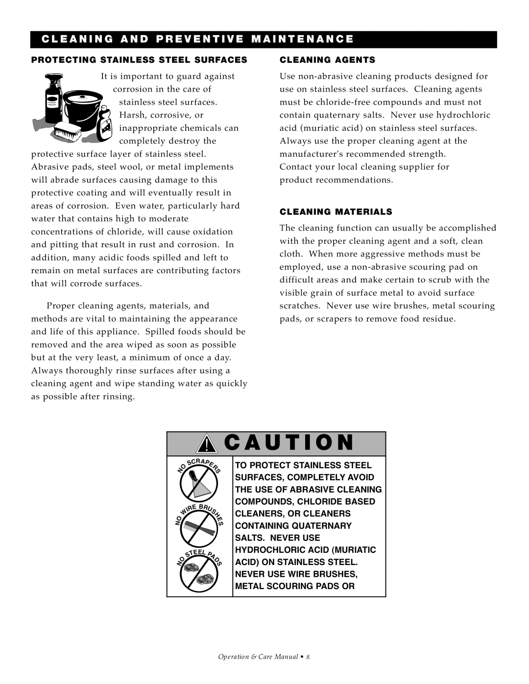 Alto-Shaam 100-HSL/BCS-2S manual Protect ING Stainles S Steel Surfaces, Clea Ning Agen TS, Clea Ning Materi ALS 