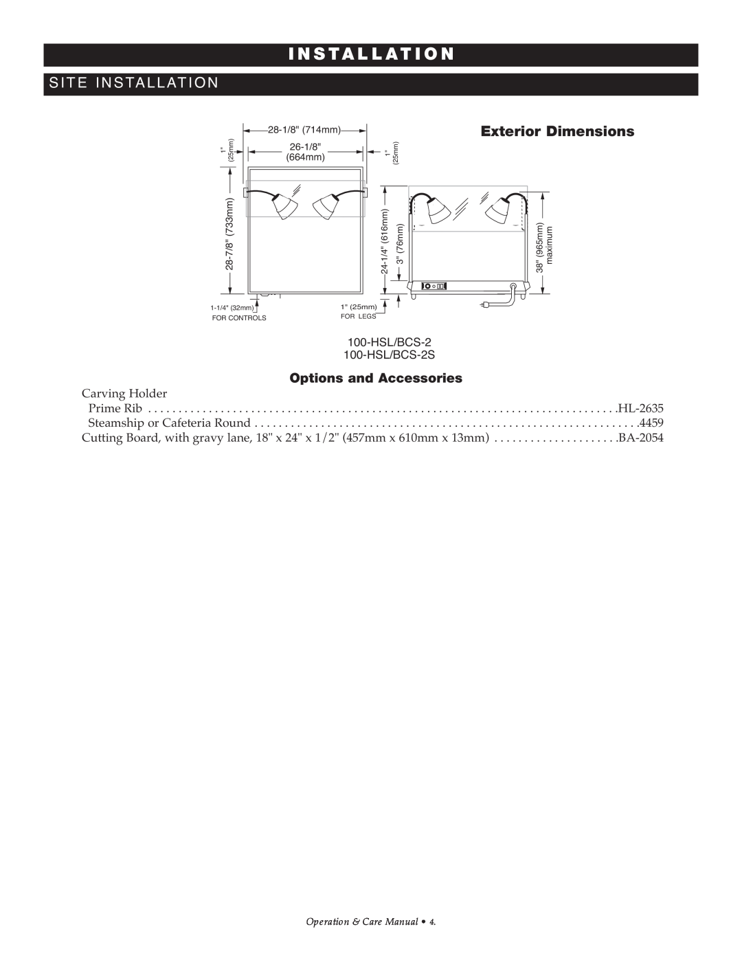 Alto-Shaam 100-HSL/BCS-2S manual In St A L L At Ion, Exterior Dimensions, 1 25mm, m56mumi 9xa 