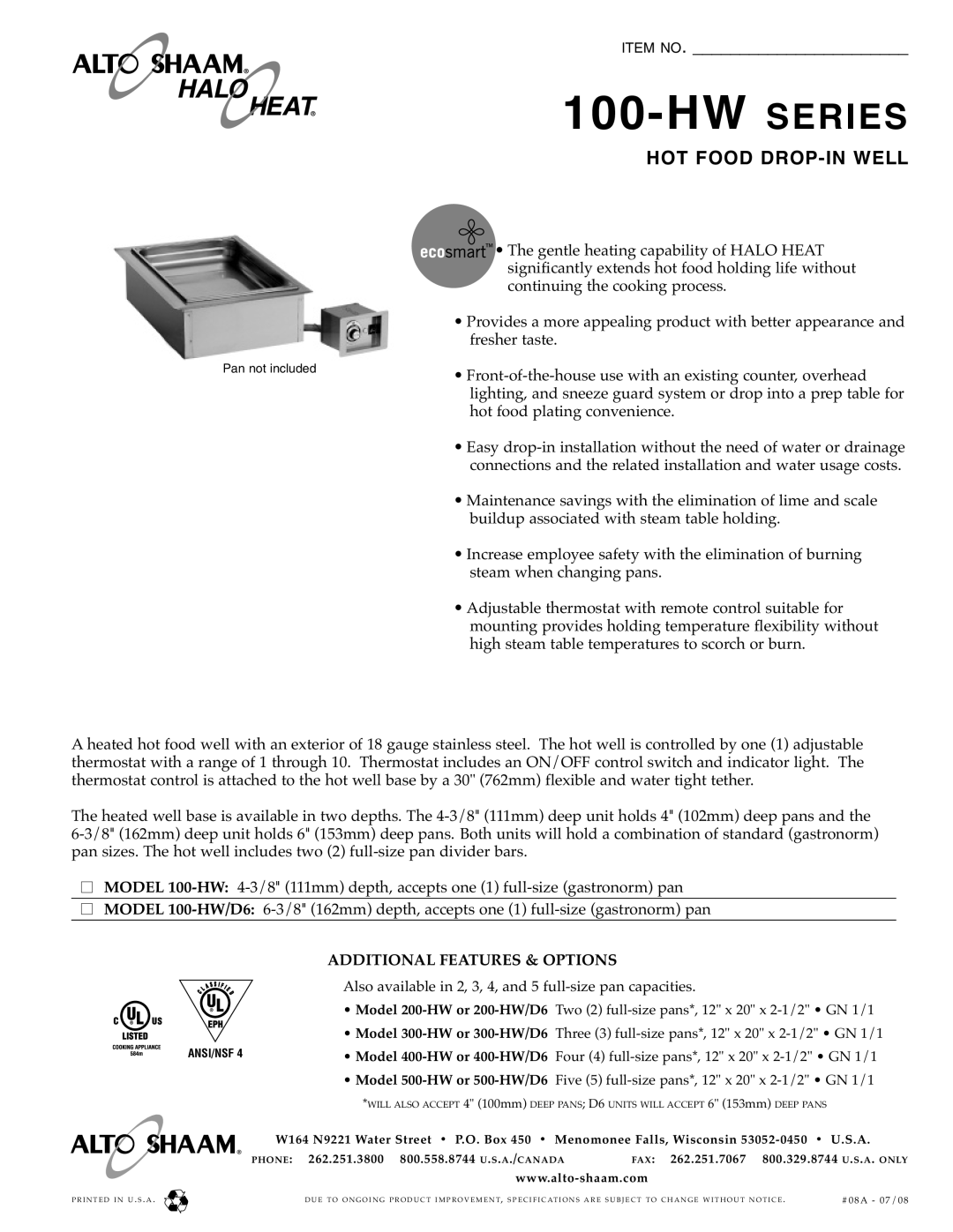 Alto-Shaam 100-HW SERIES specifications Model 200-HW or 200-HW/D6, Model 300-HW or 300-HW/D6, Model 500-HW or 500-HW/D6 