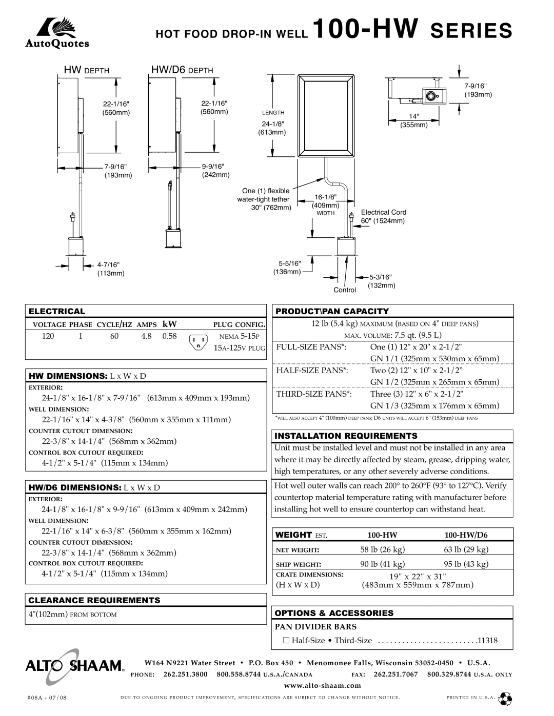 Alto-Shaam 100-HW SERIES Electrical, HW Dimensions L X W X D, Clearance Requirements, PRODUCT\PAN Capacity, Weight EST 