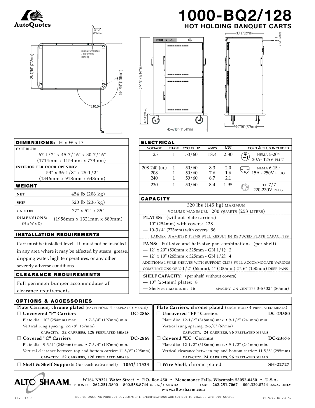 Alto-Shaam 1000-BQ2/128 specifications 1000 -BQ2 /128 