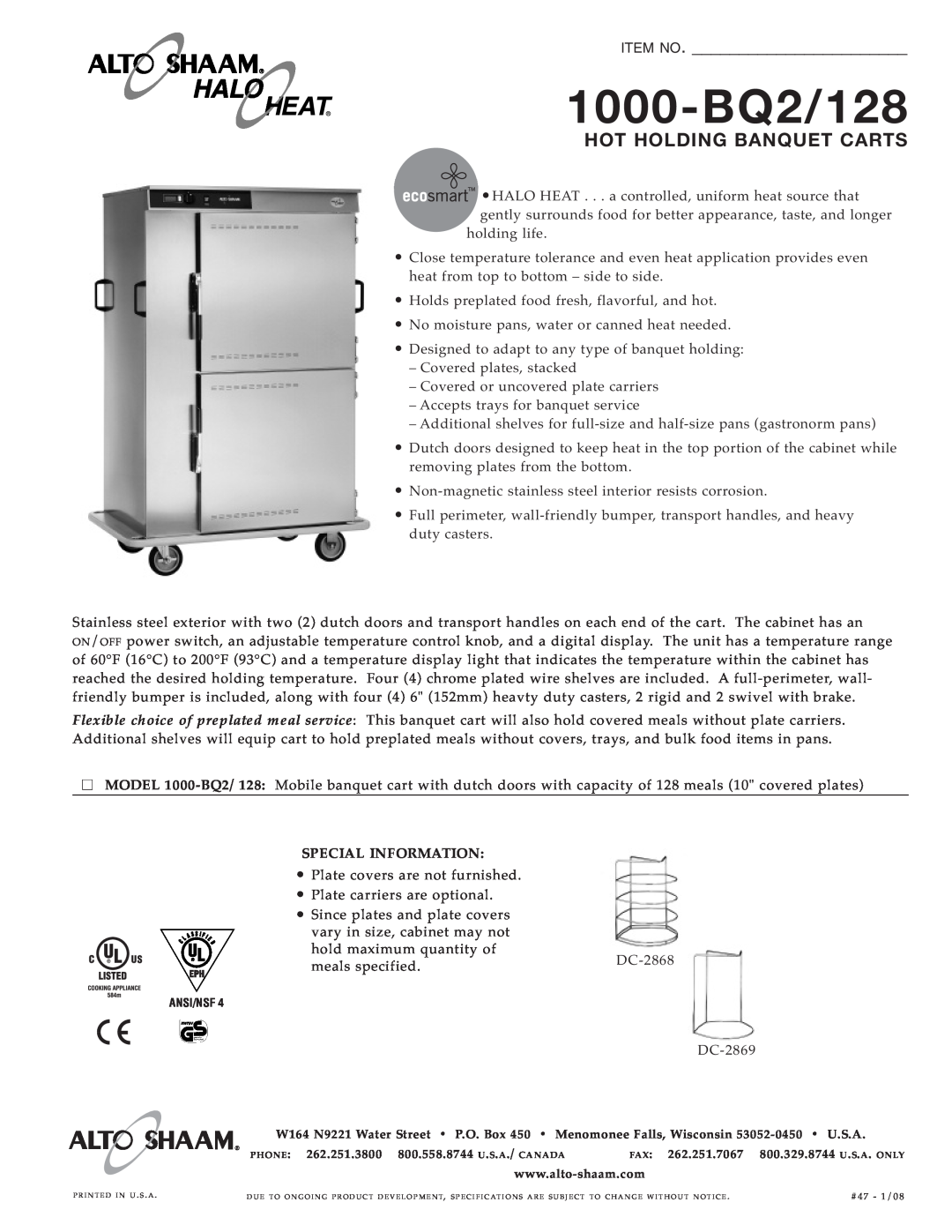 Alto-Shaam 1000-BQ2/128 specifications Hot Holding Banquet Carts, Item No 