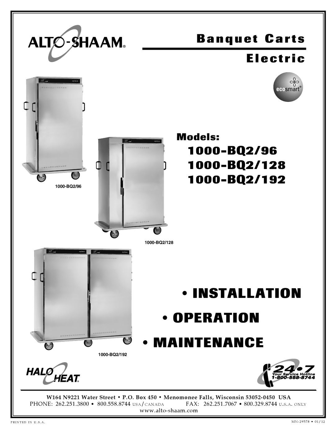 Alto-Shaam 1000-BQ2/96, 1000-BQ2/192, 1000-BQ2/128 manual Installation 